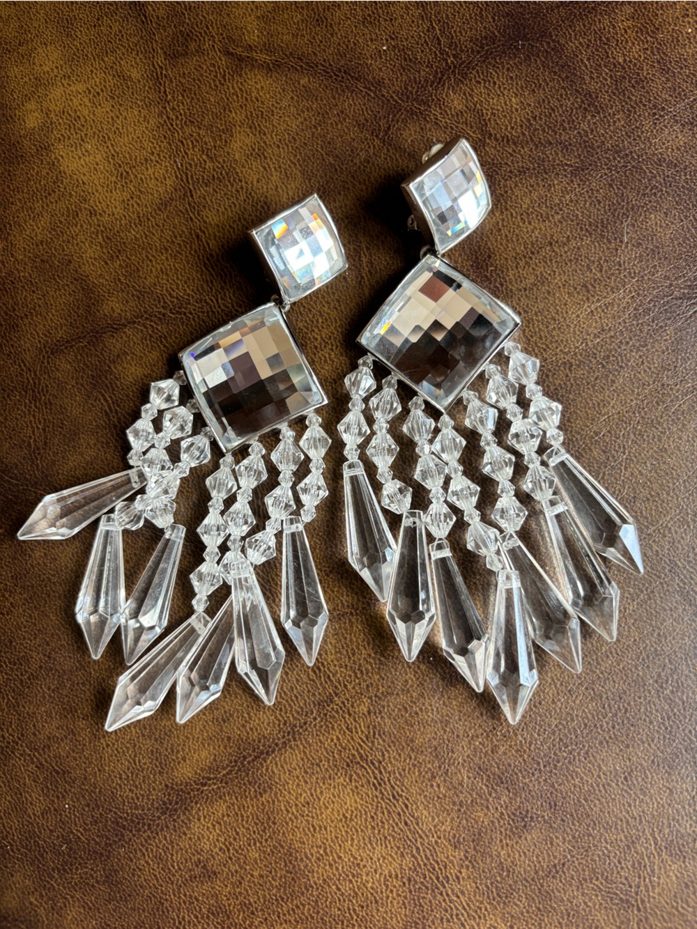 Balmain x H&M Clear Crystal Clip On Drop Chandelier Earrings Limited Edition